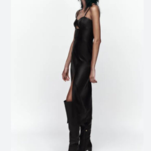 ZARA WOMEN BLACK TOPSTITCHED FAUX LEATHER MIDI DRESS SIZE S NWT - Picture 5 of 8